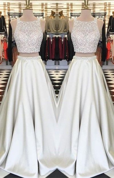 Two Pieces Jewel Neck Sleeveless Floor-length Evening Dress With Crystal