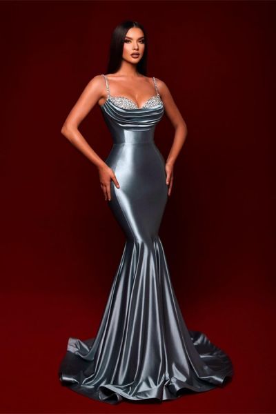 Mermaid Spaghetti Straps Sleeveless Floor-length Stretch Satin Evening Dress With Ruffles