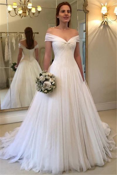 A-line Off-the-shoulder Sleeveless Tulle Wedding Gown With Court Train