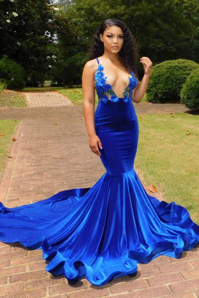 Mermaid V-neck Sleeveless Floor-length Spandex Evening Dress With Appliques