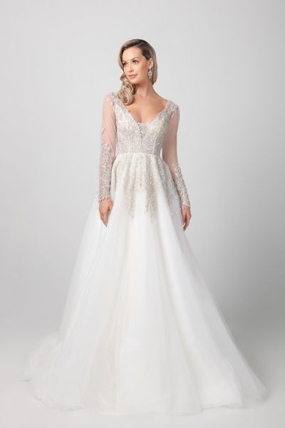 A-line Plunging Neckline Long Sleeves Floor-length Elastic Silk-like Satin Bridal Attire With Sequins