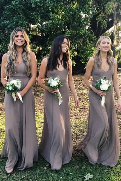 A-line V-neck Sleeveless 100D Chiffon Bridesmaid Gown With Sweep / Brush Train