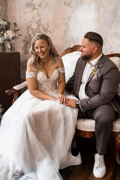 Off-the-Shoulder Lace Corset A-Line Gown with Shimmer Tulle