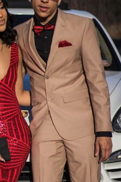 Camel Notch Lapel Three-Piece Prom Suit