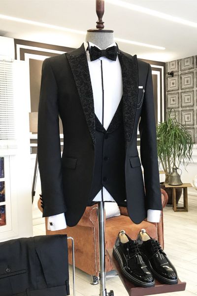 Black Jacquard Lapel Business Suit