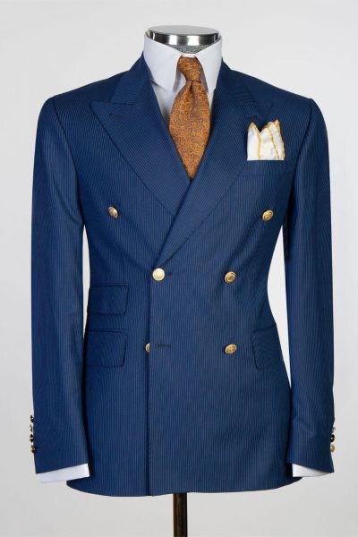 Dark Blue Stripe Double Breasted Business Men Suit with Peaked Lapel