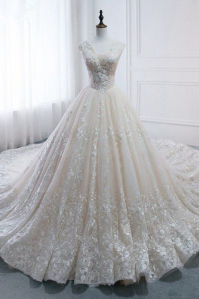 A-line V-neck Sleeveless Floor-length Tulle Bridal Dress With Crystal