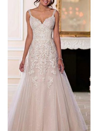 A-line V-neck Sweep / Brush Train Tulle Bridal Gown With Buttons