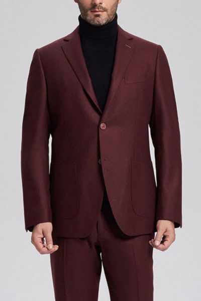 Burgundy Single Breasted Wool Blend Men's Business Suit with  Patch Pockets