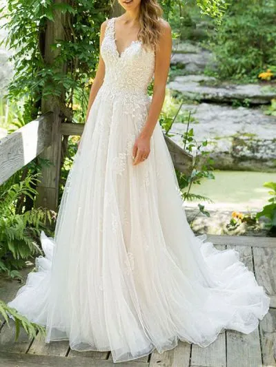 A-line V-neck Sleeveless Floor-length Bridal Gown With Court Train