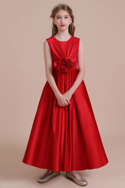 A-line Jewel Neck Sleeveless Ankle-length Satin Flower Girl Dress With Flower(s)