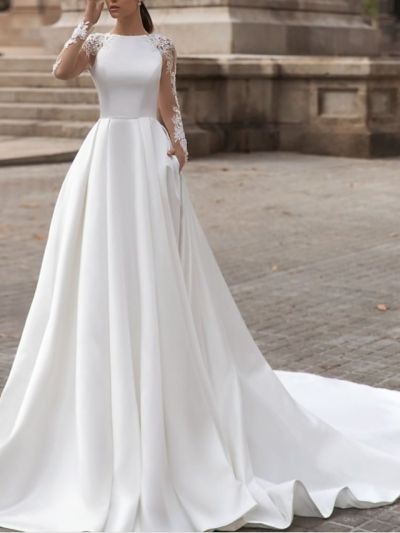 A-line Long Sleeves Sweep / Brush Train Tulle Wedding Gown With Buttons