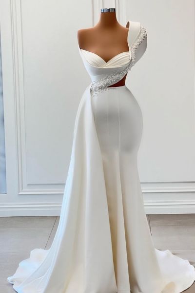 Mermaid One Shoulder Sleeveless Floor-length Stretch Satin Formal Dress With Ruffles