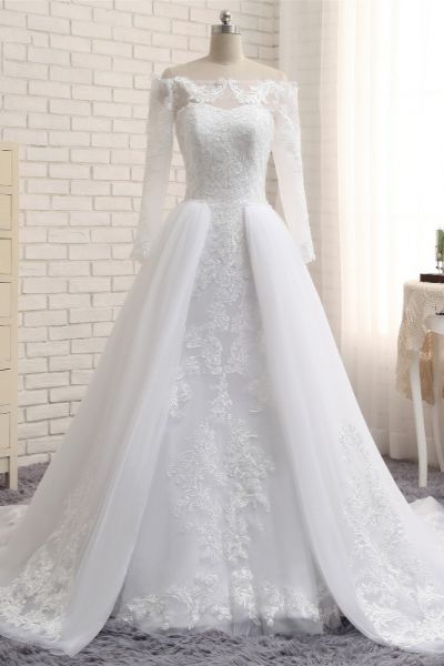 A-line Bateau Neck Long Sleeves Floor-length Tulle Wedding Gown With Lace