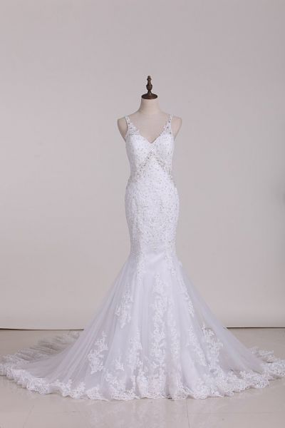 Mermaid Straps V-neck Sleeveless Floor-length Tulle Bridal Attire With Beading