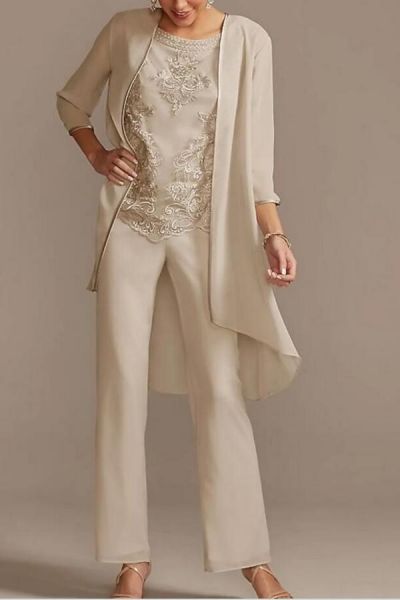 Floor Length Pantsuit Mother of the Bride Dress with Chiffon Lace and 3/4 Length Sleeve