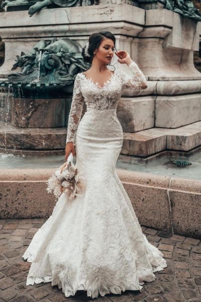 Mermaid V-neck Long Sleeves Chapel Train Lace Bridal Gown With Lace