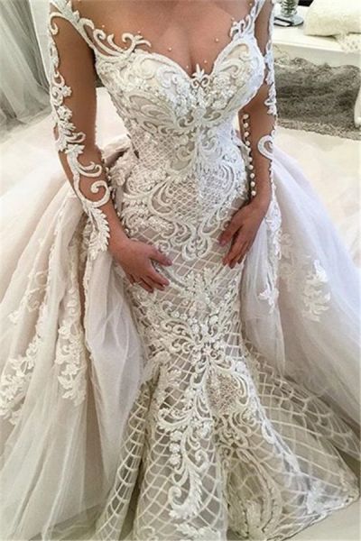 Lace Mermaid Wedding Dress with Long Sleeves and Detachable Skirt