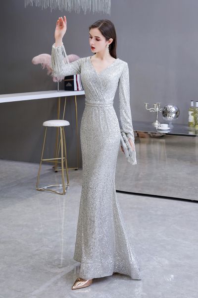 Mermaid V-neck Long Sleeves Sweep / Brush Train Tulle Formal Dress With Sequins