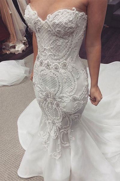 Mermaid Sweetheart Neck Sleeveless Court Train Satin Wedding Gown With Lace