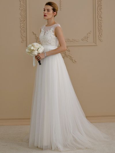 A-line Cap Sleeves Sweep / Brush Train Tulle Bridal Gown With Buttons