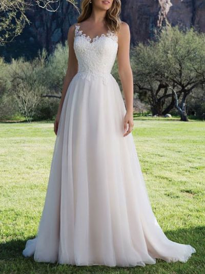 A-line V-neck Sleeveless Court Train Lace Bridal Dress With Lace