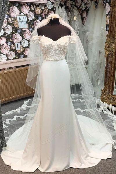 A-line Sweetheart Neck Cap Sleeves Chapel Train Satin Wedding Gown With Beading