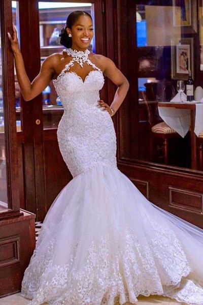 Mermaid Halter-neck Sleeveless Sweep / Brush Train Satin Bridal Gown With Beading