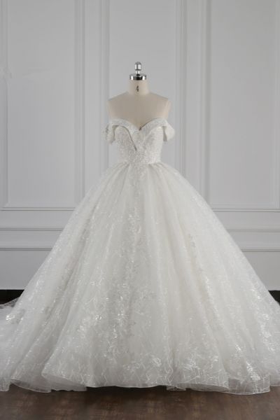 Ball Gown Off-the-shoulder Sweetheart Neck Sleeveless Floor-length Tulle Bridal Gown With Ruffles
