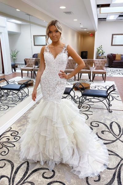 Mermaid V-neck Sleeveless Floor-length Lace Bridal Dress With Lace