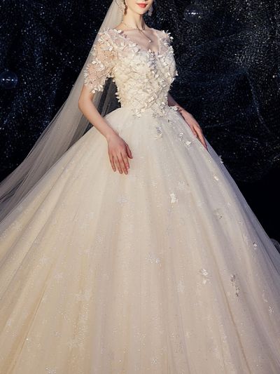A-line V-neck Half-Sleeves Chapel Train Lace Bridal Dress With Buttons