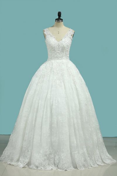 A-line V-neck Sleeveless Floor-length Tulle Wedding Gown With Appliques