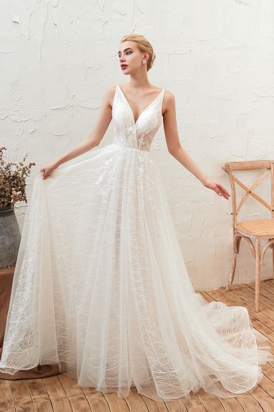 A-line Plunging Neckline Sleeveless Chapel Train Tulle Bridal Gown With Lace