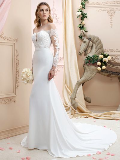 Mermaid Jewel Neck Long Sleeves Court Train 100D Chiffon Bridal Gown With Lace