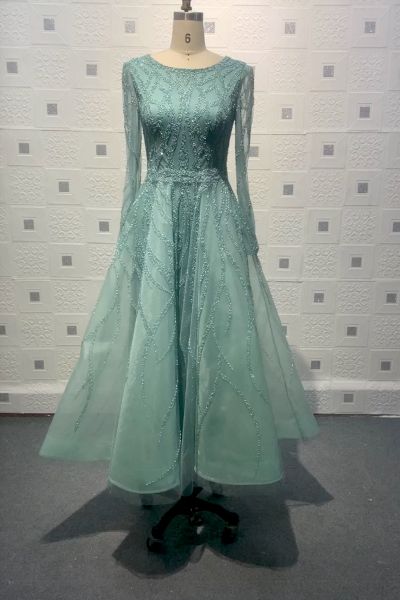 A-line Jewel Neck Long Sleeves Floor-length Evening Dress With Beading