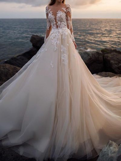 A-line Bateau Neck Long Sleeves Court Train Lace Wedding Gown With Lace