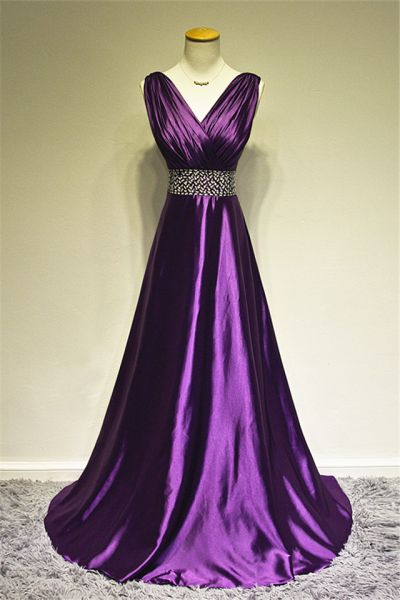 A-line V-neck Sleeveless Sweep / Brush Train Taffeta Evening Gown With Beading
