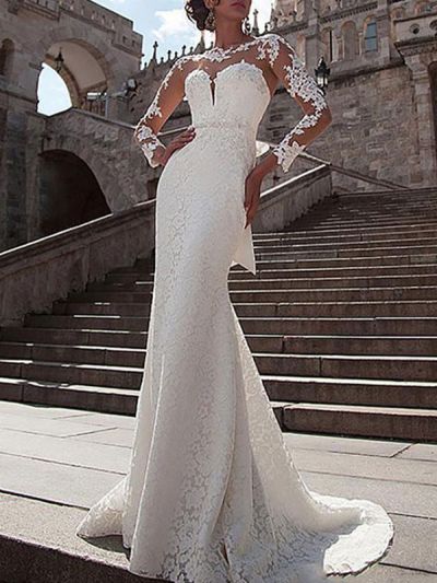 Mermaid Long Sleeves Court Train Lace Wedding Gown With Buttons