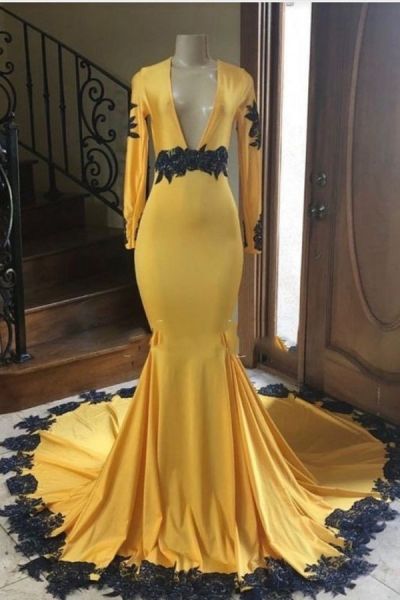 Mermaid Plunging Neckline Long Sleeves Stretch Satin Formal Dress With Lace