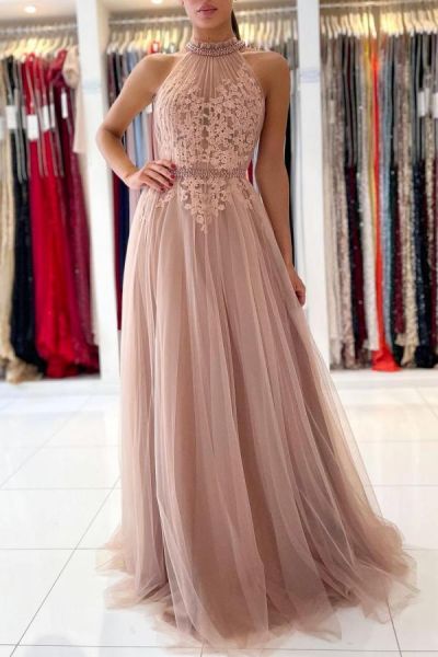 Column High Neck Sleeveless Floor-length Tulle Evening Dress With Lace