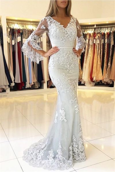 Mermaid V-neck Half-Sleeves Sweep / Brush Train Evening Dress With Lace