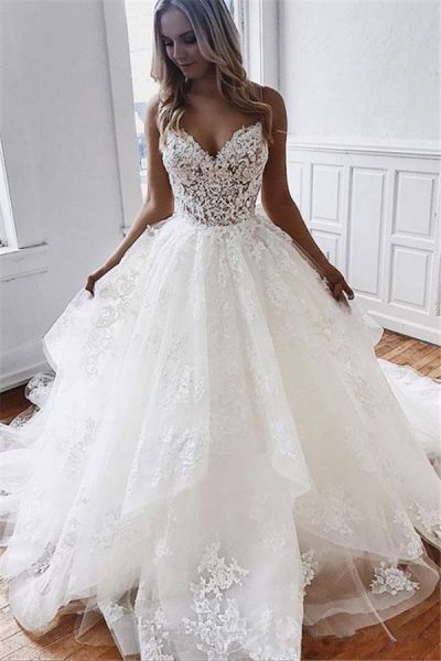 A-line Spaghetti Straps Sleeveless Sweep / Brush Train Wedding Gown With Lace