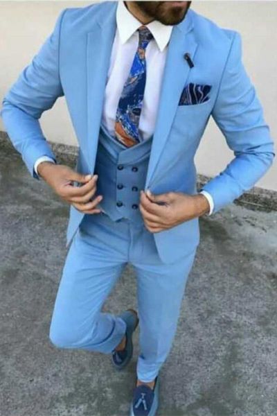 Blue Single Breasted Men's Suit with Notched Lapel for Prom