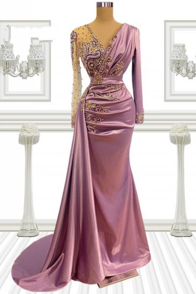 Mermaid Straps Long Sleeves Floor-length Stretch Satin Evening Dress With Ruffles