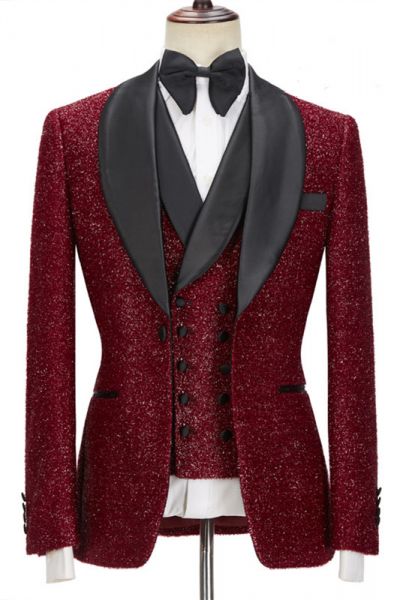 Red Single Breasted Men's Suit with Black Shawl Lapel for Wedding