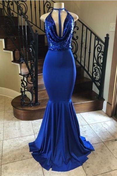 Sequins Halter Floor Length Mermaid Evening Dresses -  and