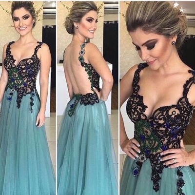 A-line Straps Sleeveless Tulle Evening Dress With Lace