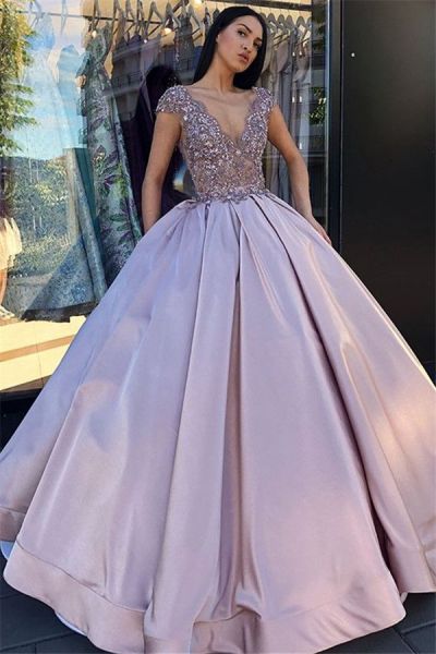 Ball Gown V-neck Sleeveless Floor-length Evening Dress With Beading