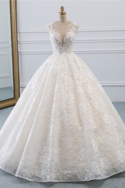 Ball Gown Jewel Neck Sleeveless Floor-length Tulle Wedding Gown With Lace