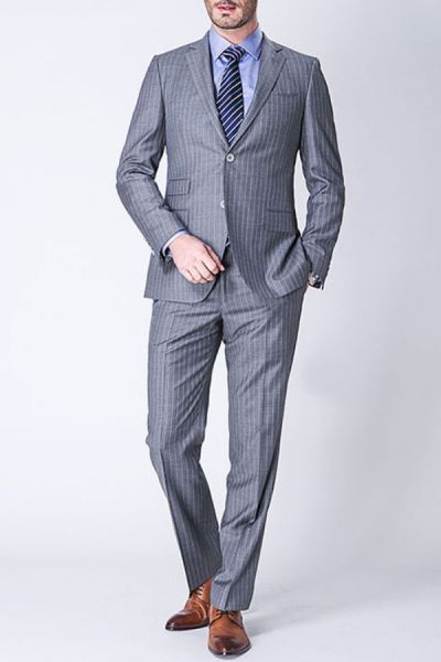 Light Grey Two Piece Wool Blend Men's Business Suit with Stripes and Three Flap Pockets